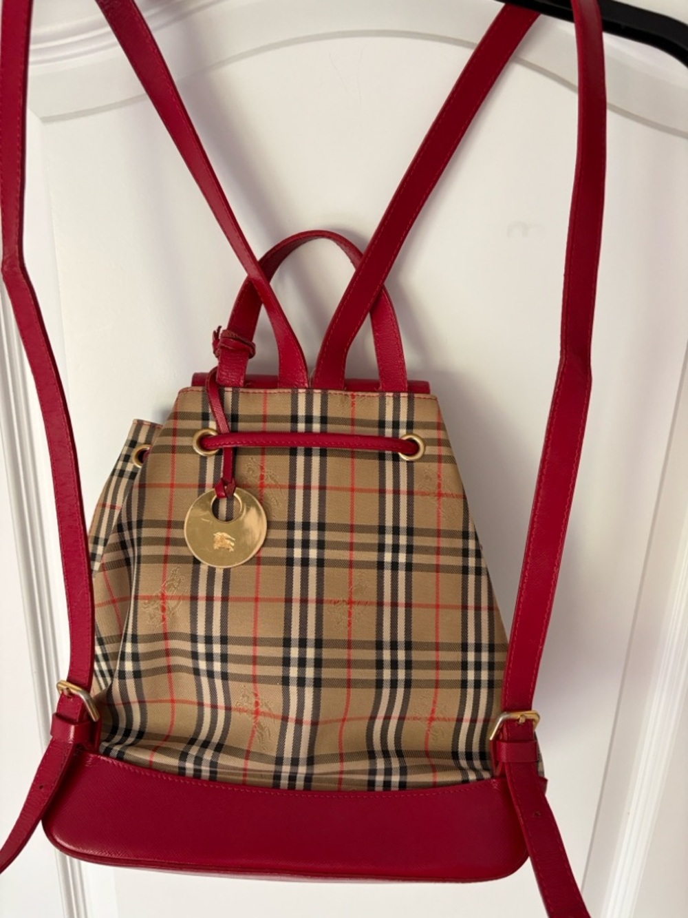 Burberry Red Nova Check Leather-Trim Vintage Check Backpack. - Picture 5 of 10